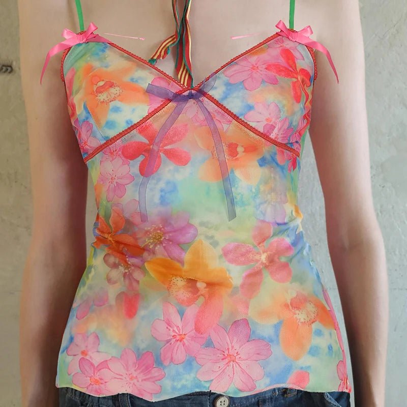 Floral Print Breathable Knitted Eco - Friendly Spandex/Polyester Collarless Sweet Cami Tie Shoulder Straps Color Block Top - Zeprah
