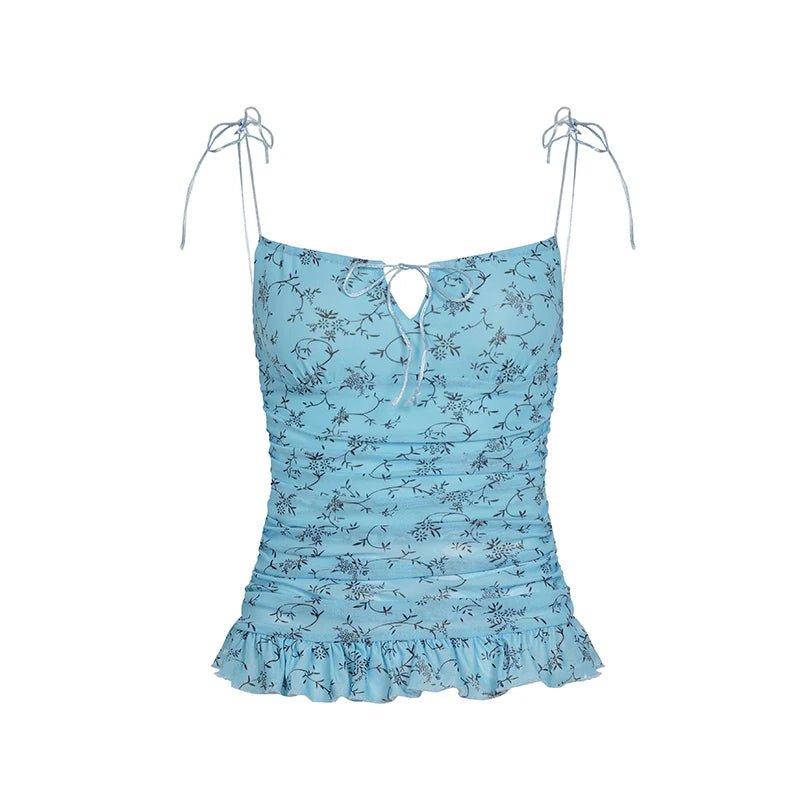Floral Print Breathable Knitted Eco - Friendly Spandex/Polyester Collarless Sweet Cami Tie Shoulder Straps Color Block Top - Zeprah