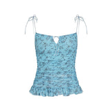 Floral Print Breathable Knitted Eco - Friendly Spandex/Polyester Collarless Sweet Cami Tie Shoulder Straps Color Block Top - Zeprah