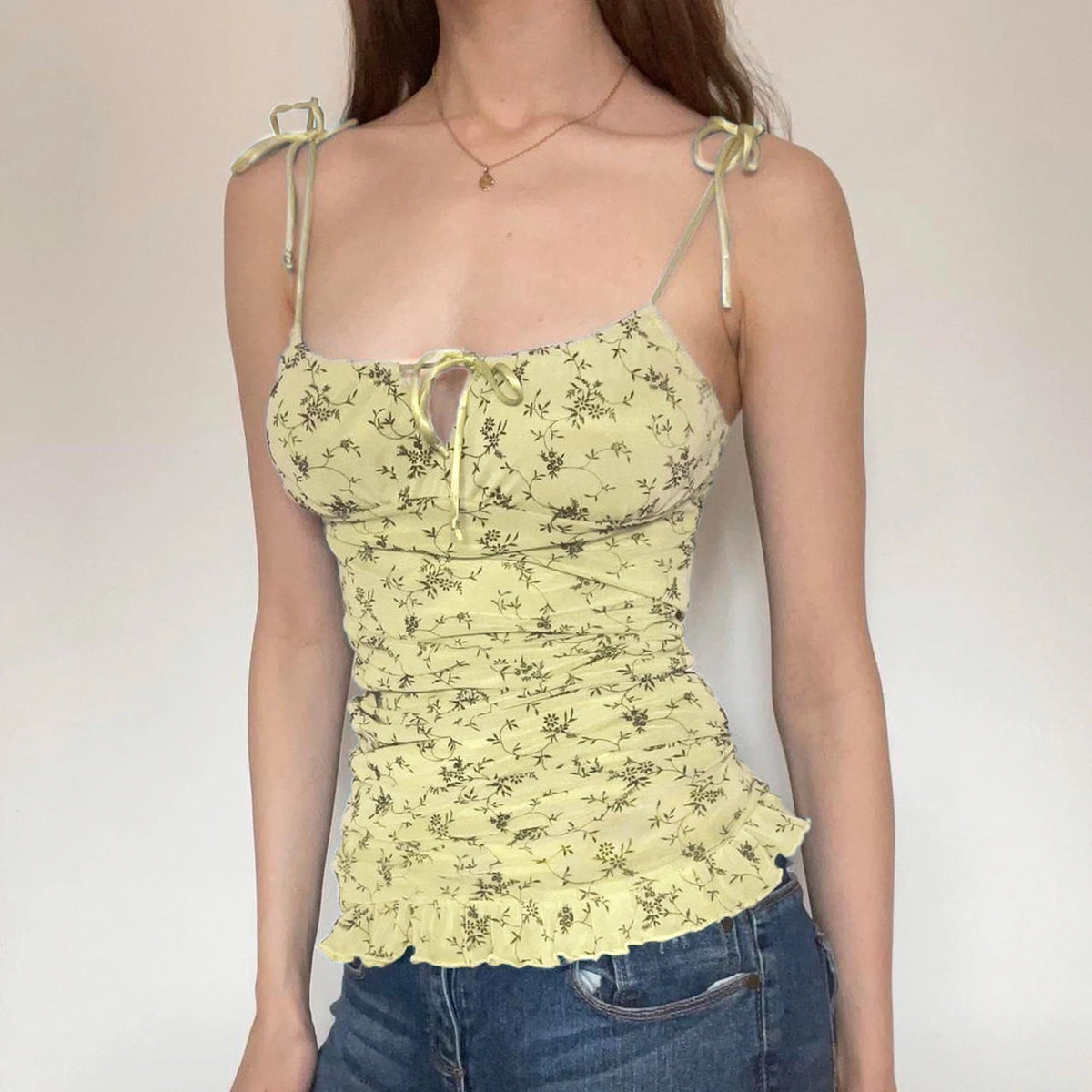 Floral Print Breathable Knitted Eco - Friendly Spandex/Polyester Collarless Sweet Cami Tie Shoulder Straps Color Block Top - Zeprah