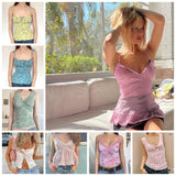 Floral Print Breathable Knitted Eco - Friendly Spandex/Polyester Collarless Sweet Cami Tie Shoulder Straps Color Block Top - Zeprah