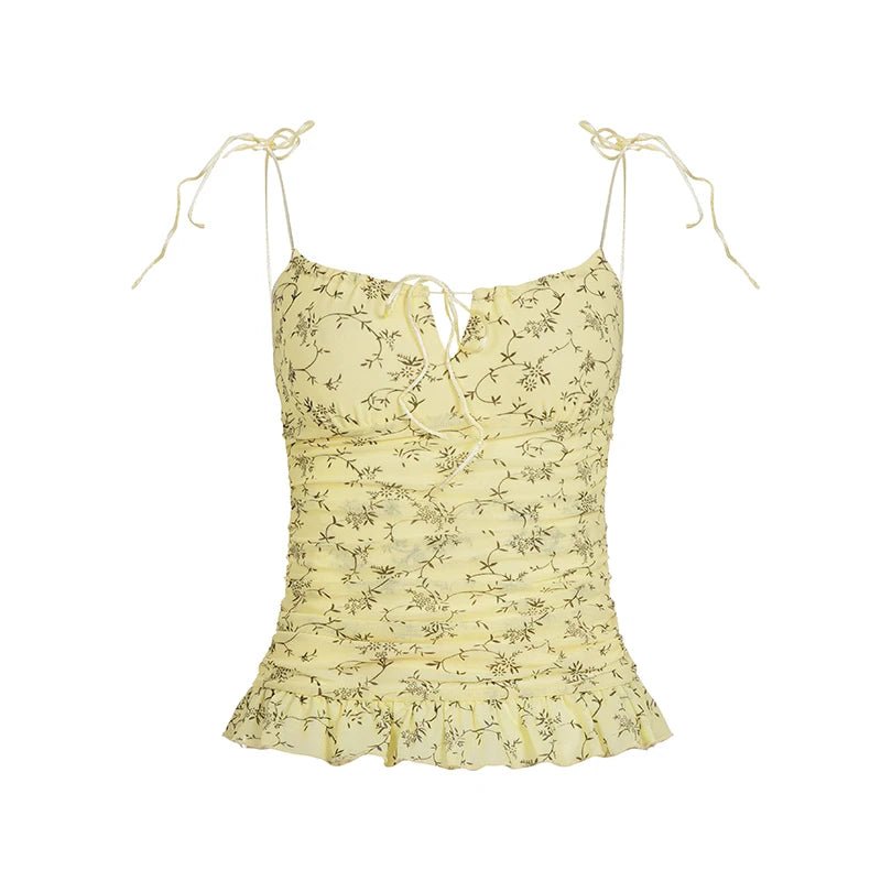 Floral Print Breathable Knitted Eco - Friendly Spandex/Polyester Collarless Sweet Cami Tie Shoulder Straps Color Block Top - Zeprah