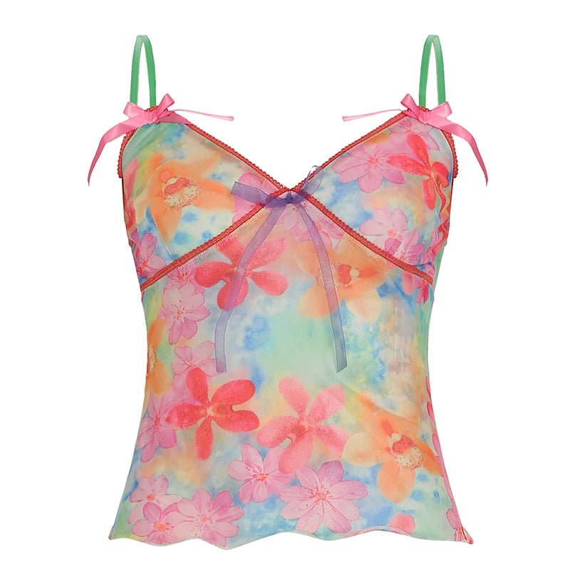 Floral Print Breathable Knitted Eco - Friendly Spandex/Polyester Collarless Sweet Cami Tie Shoulder Straps Color Block Top - Zeprah