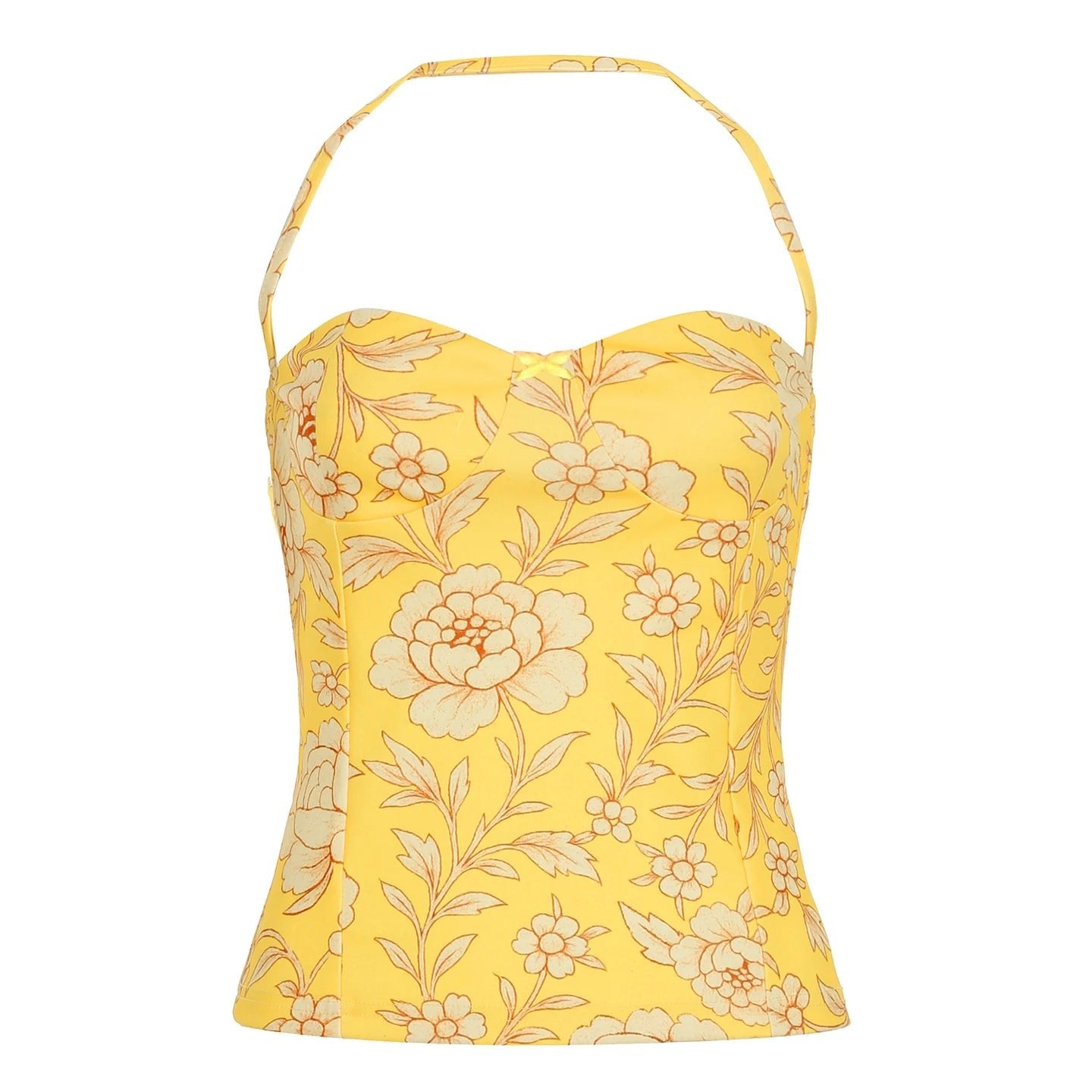 Floral Print Breathable Knitted Eco - Friendly Spandex/Polyester Collarless Sweet Cami Tie Shoulder Straps Color Block Top - Zeprah