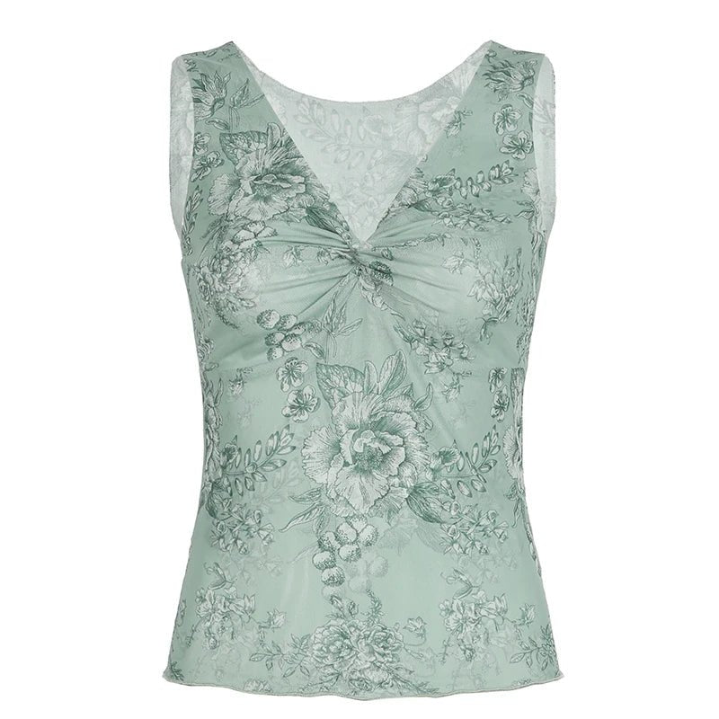 Floral Print Breathable Knitted Eco - Friendly Spandex/Polyester Collarless Sweet Cami Tie Shoulder Straps Color Block Top - Zeprah