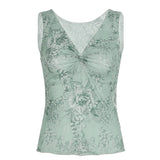 Floral Print Breathable Knitted Eco - Friendly Spandex/Polyester Collarless Sweet Cami Tie Shoulder Straps Color Block Top - Zeprah