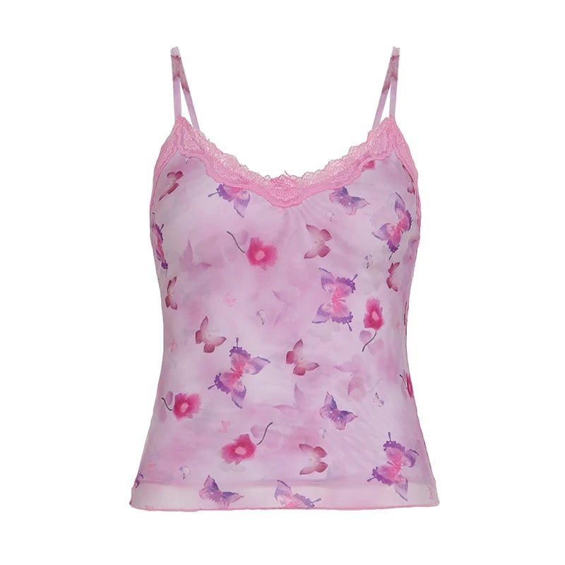 Floral Print Breathable Knitted Eco - Friendly Spandex/Polyester Collarless Sweet Cami Tie Shoulder Straps Color Block Top - Zeprah