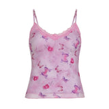 Floral Print Breathable Knitted Eco - Friendly Spandex/Polyester Collarless Sweet Cami Tie Shoulder Straps Color Block Top - Zeprah