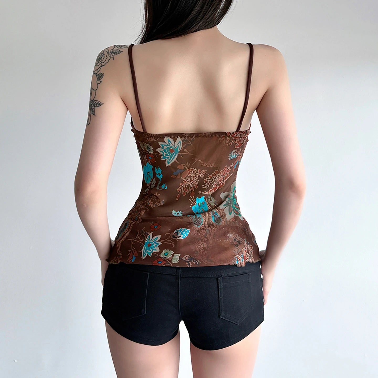 Floral Print Lace Knitted Breathable Eco - Friendly Cami Top Color Block Mesh Panel Tie Detail Sexy for Women - Zeprah