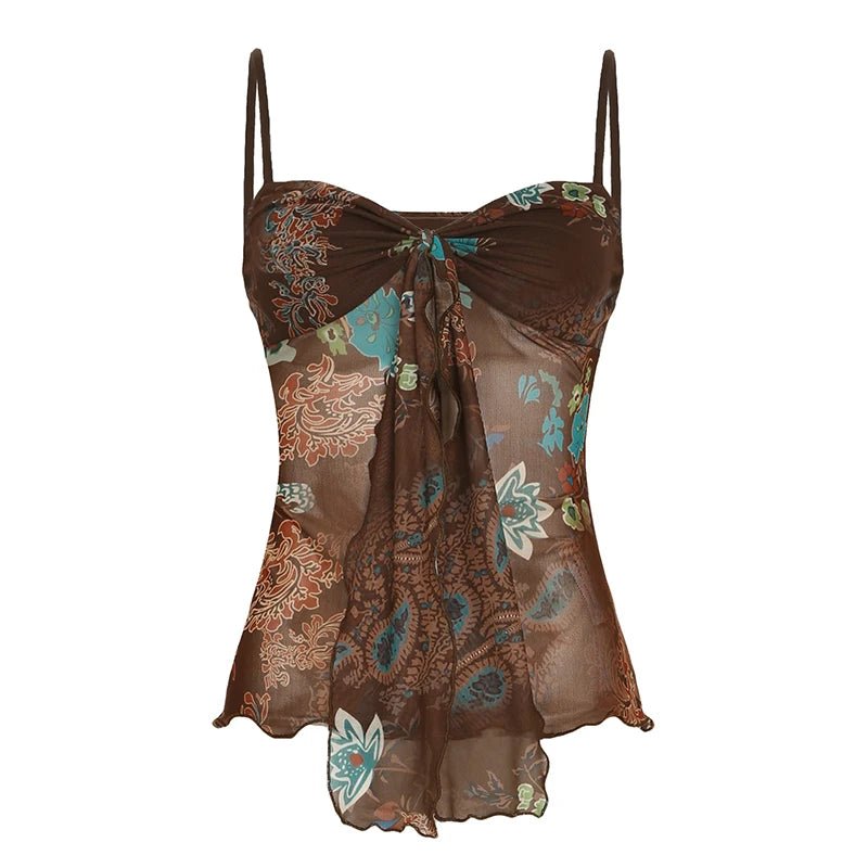 Floral Print Lace Knitted Breathable Eco - Friendly V - neck Spandex/Polyester Cami Top Color Block Mesh Panel Tie Detail Women - Zeprah