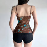 Floral Print Lace Knitted Breathable Eco - Friendly V - neck Spandex/Polyester Cami Top Color Block Mesh Panel Tie Detail Women - Zeprah