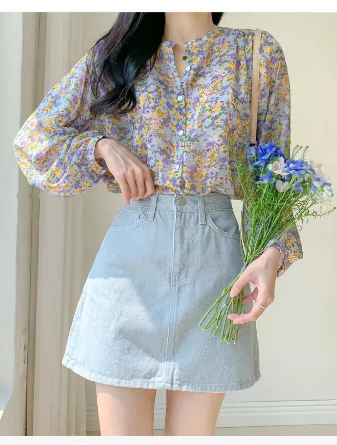 Floral Shirt Plain Hot - selling Blouse V - neck Printed Long - Sleeved Shirt - Zeprah