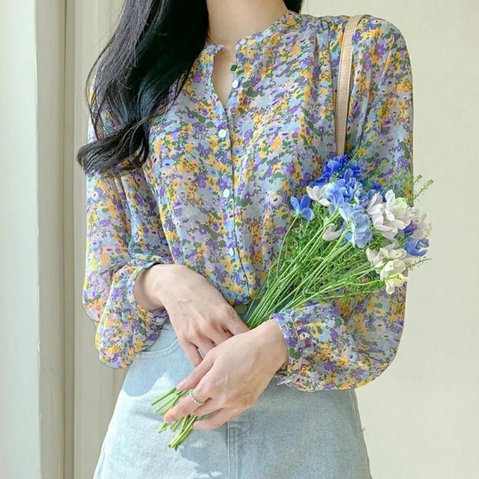 Floral Shirt Plain Hot - selling Blouse V - neck Printed Long - Sleeved Shirt - Zeprah