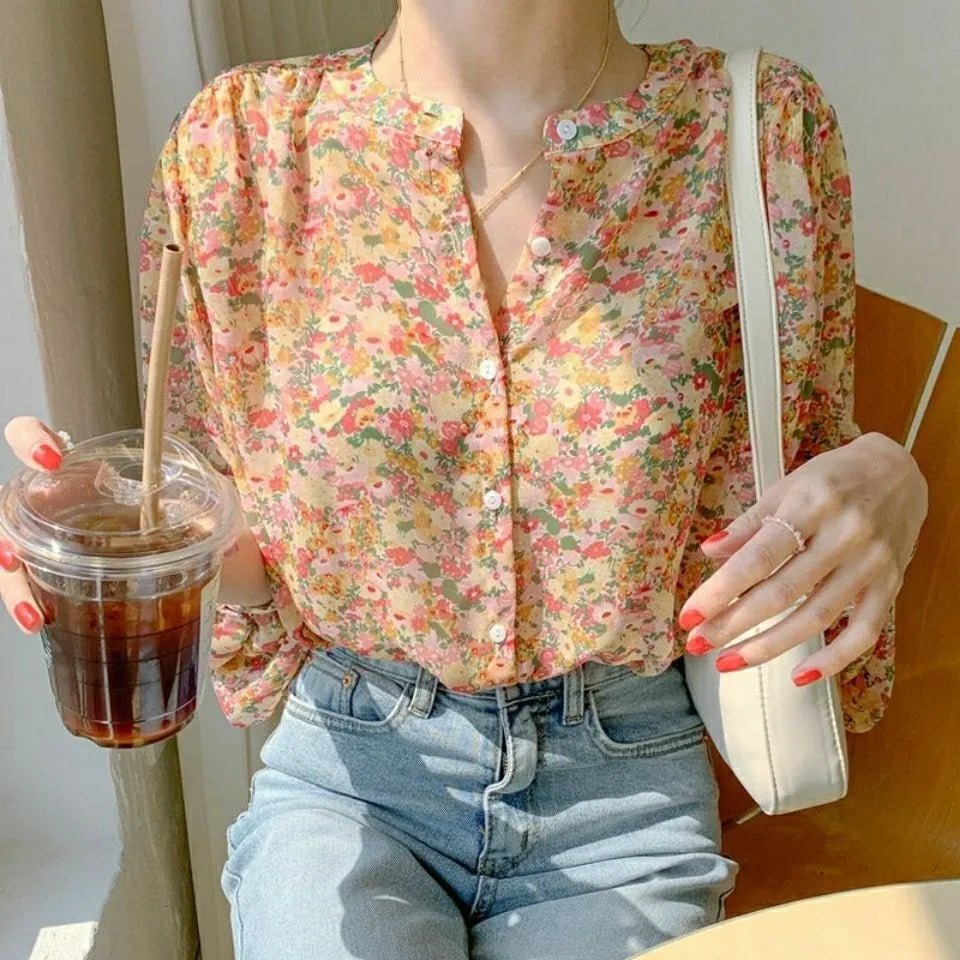 Floral Shirt Plain Hot - selling Blouse V - neck Printed Long - Sleeved Shirt - Zeprah