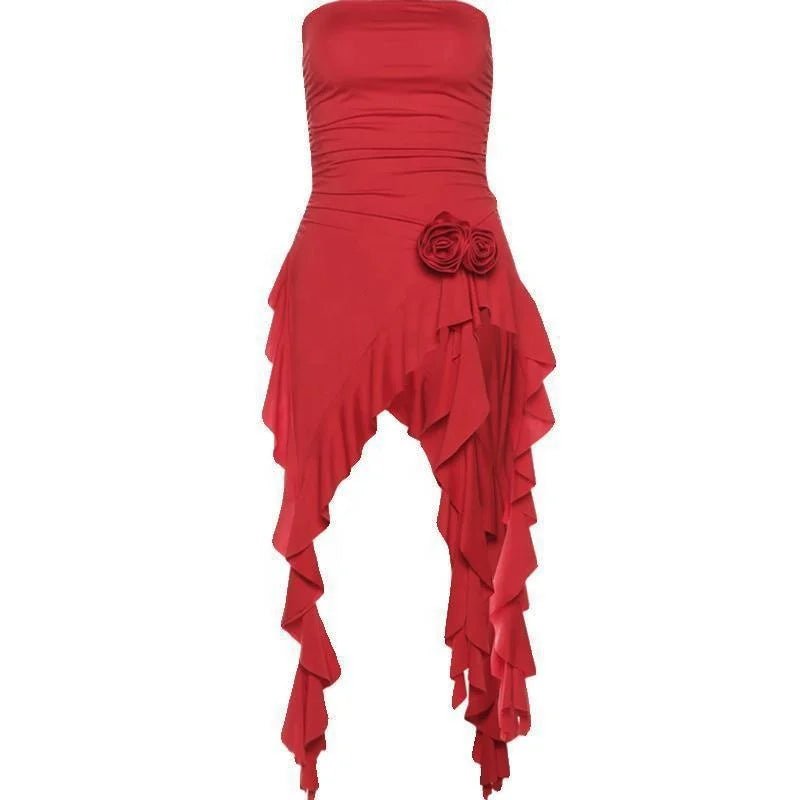 Flower Ruffle Stitching Strapless Women's Pleated Slim Irregular Spice Top - Zeprah