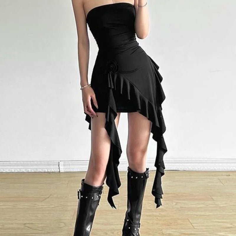 Flower Ruffle Stitching Strapless Women's Pleated Slim Irregular Spice Top - Zeprah