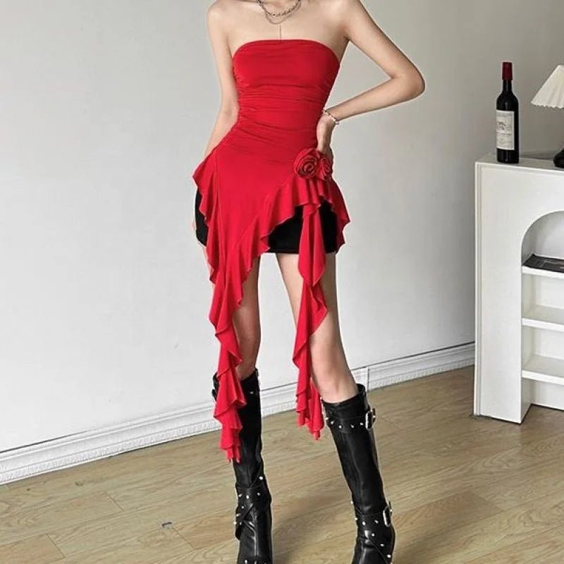 Flower Ruffle Stitching Strapless Women's Pleated Slim Irregular Spice Top - Zeprah