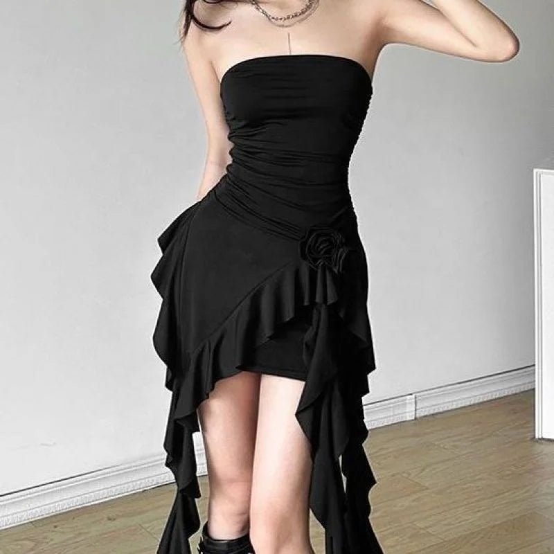 Flower Ruffle Stitching Strapless Women's Pleated Slim Irregular Spice Top - Zeprah