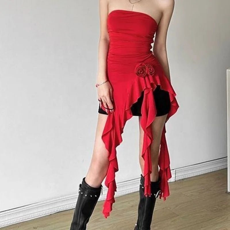 Flower Ruffle Stitching Strapless Women's Pleated Slim Irregular Spice Top - Zeprah