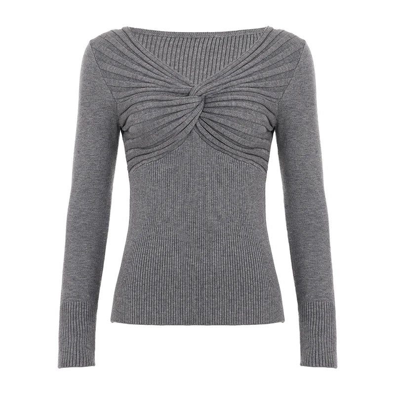 French Elegant Women's Knit Top Twist Detail Long Sleeve Blouse High - End Draped Pullover - Zeprah
