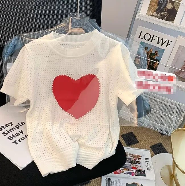 French Hollow Thin Bubble Short - sleeved Knitted Top Women's Summer New Shoulder Ice Silk Knitted Women's T-shirts - Zeprah