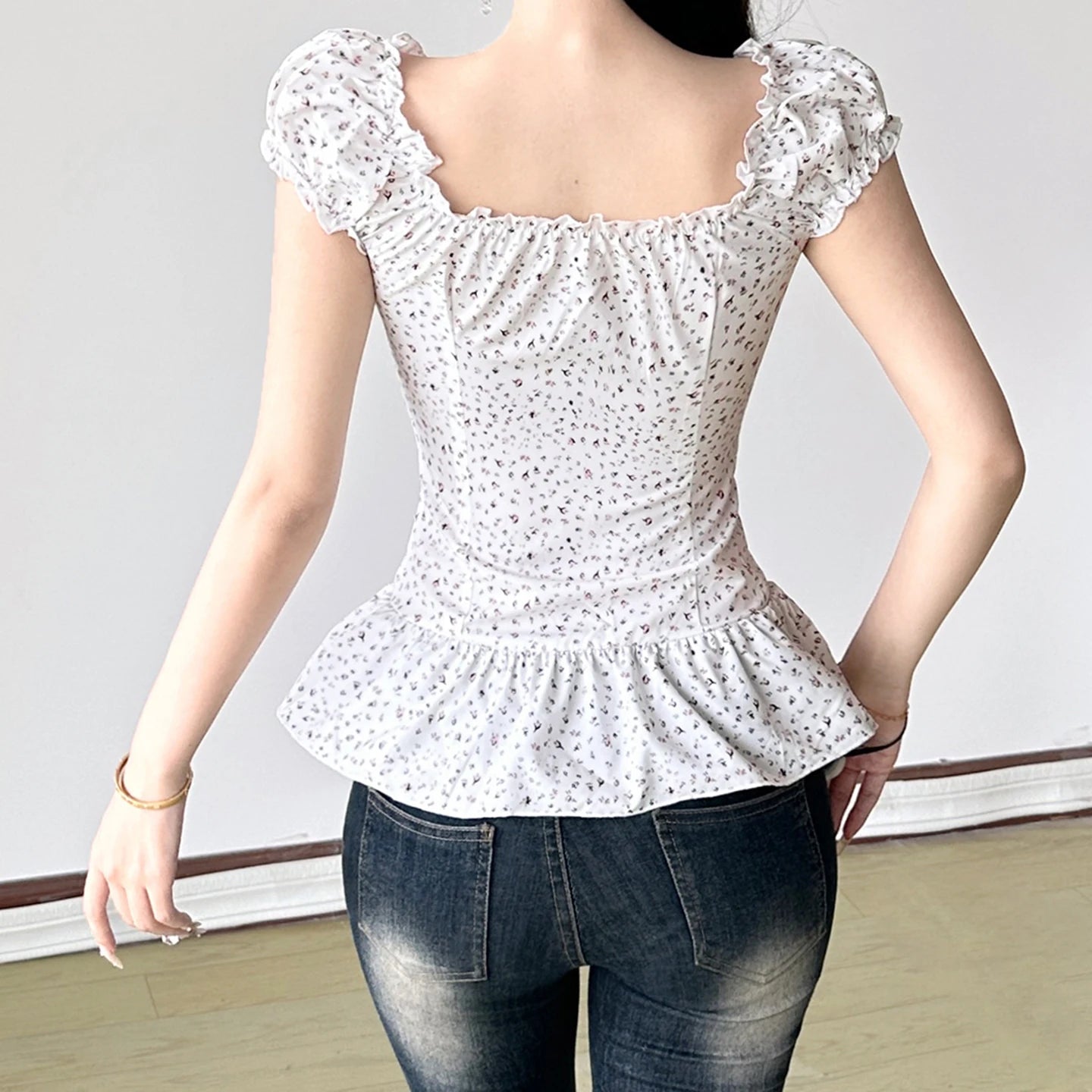 French Retro Floral Print Woven Summer Square Neck Blouse | Women's Sweet Corset Tie Slimming Top | New Arrival BM Style Short - Zeprah