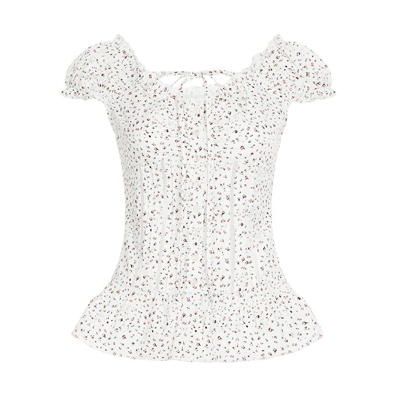 French Retro Floral Print Woven Summer Square Neck Blouse | Women's Sweet Corset Tie Slimming Top | New Arrival BM Style Short - Zeprah