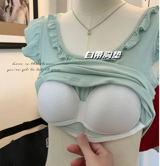 French Square Collar Short - sleeved T-shirt Build in Bra Women's Summer Bow Irregular Design Pure Desire Top - Zeprah