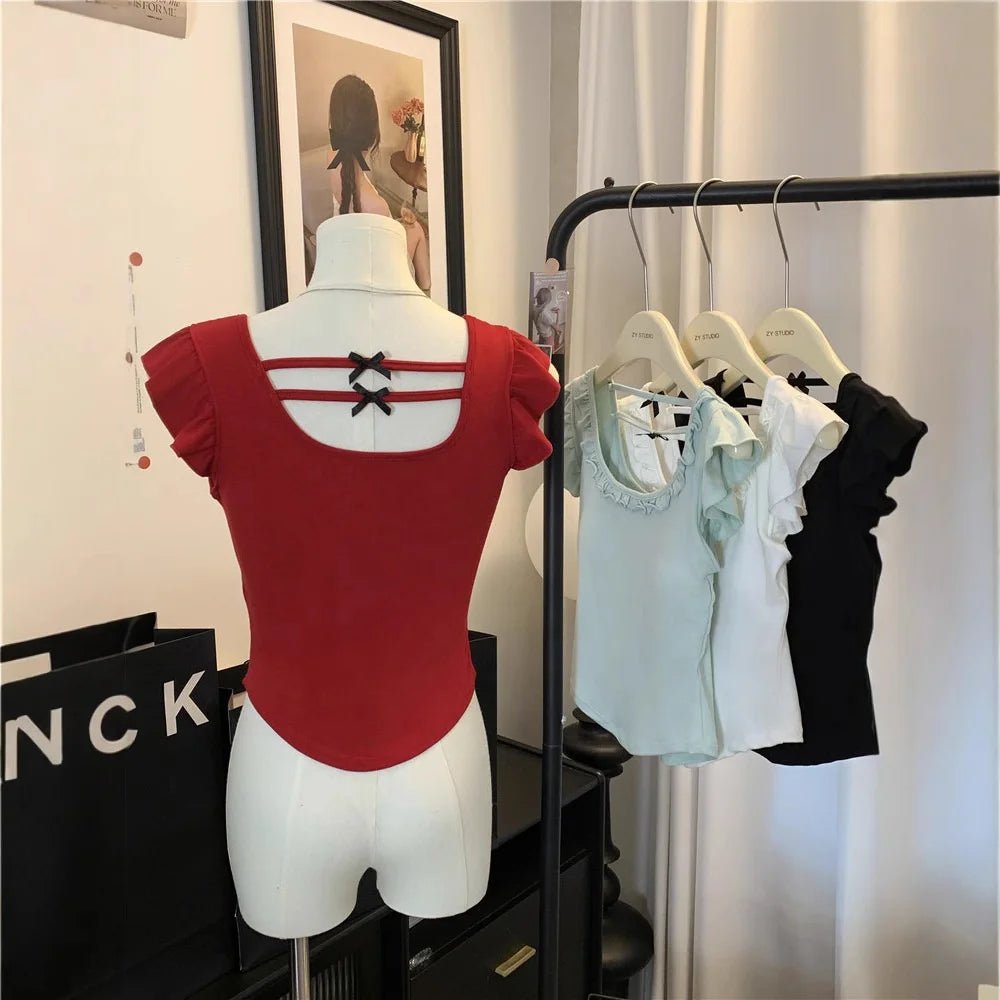 French Square Collar Short - sleeved T-shirt Build in Bra Women's Summer Bow Irregular Design Pure Desire Top - Zeprah