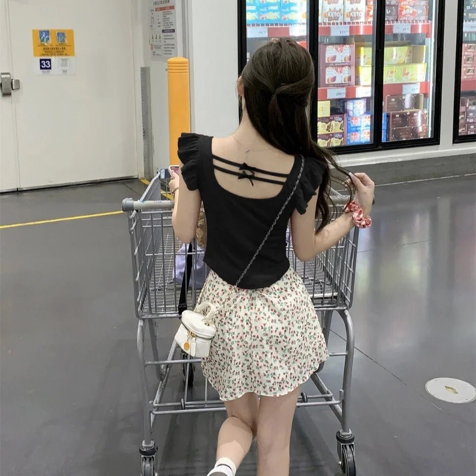 French Square Collar Short - sleeved T-shirt Build in Bra Women's Summer Bow Irregular Design Pure Desire Top - Zeprah