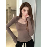 French Style Elegant Square Collar Long Sleeve T-shirt Women's Autumn and Winter New Tight Slimming Shirt Top - Zeprah