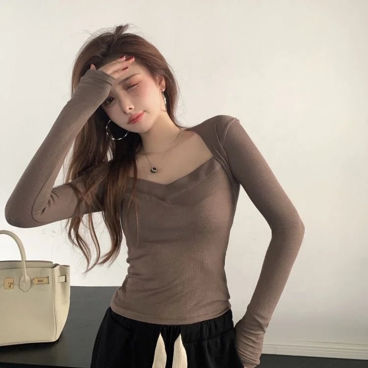 French Style Elegant Square Collar Long Sleeve T-shirt Women's Autumn and Winter New Tight Slimming Shirt Top - Zeprah