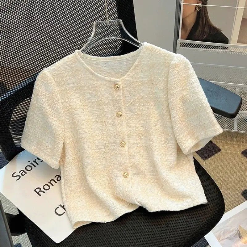 French Style Innocent - Seductive Style Short Sleeve T-shirt Women's 2025 New Summer Button T-shirt Going Out Tops for Women - Zeprah