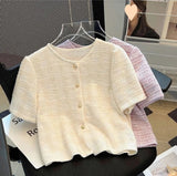 French Style Innocent - Seductive Style Short Sleeve T-shirt Women's 2025 New Summer Button T-shirt Going Out Tops for Women - Zeprah