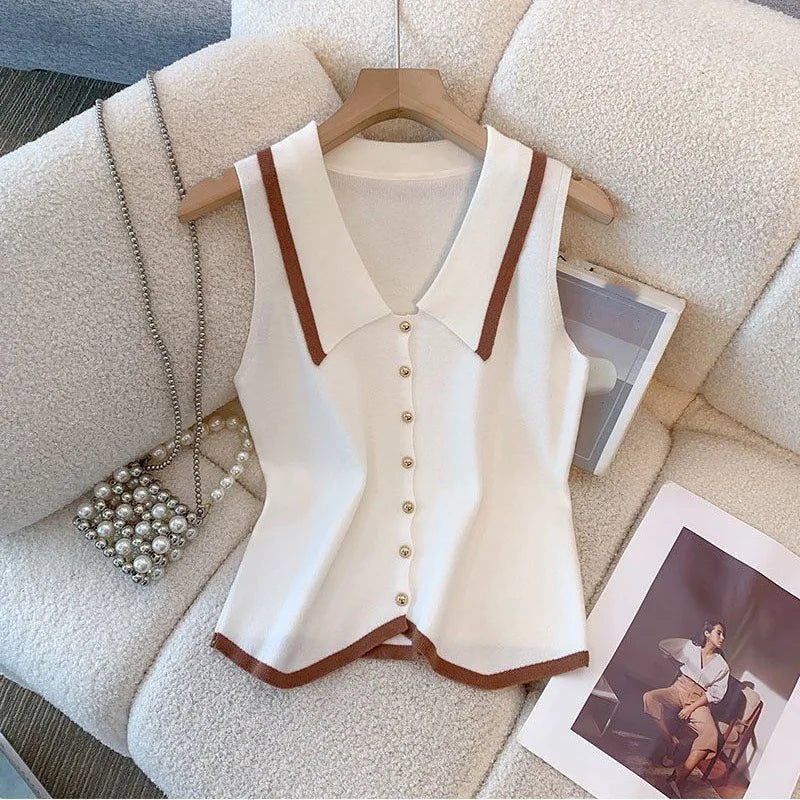 French - style Knitted Vest Sling Women's Summer High - end Sleeveless Irregular Slim - fit Short Trendy Top - Zeprah