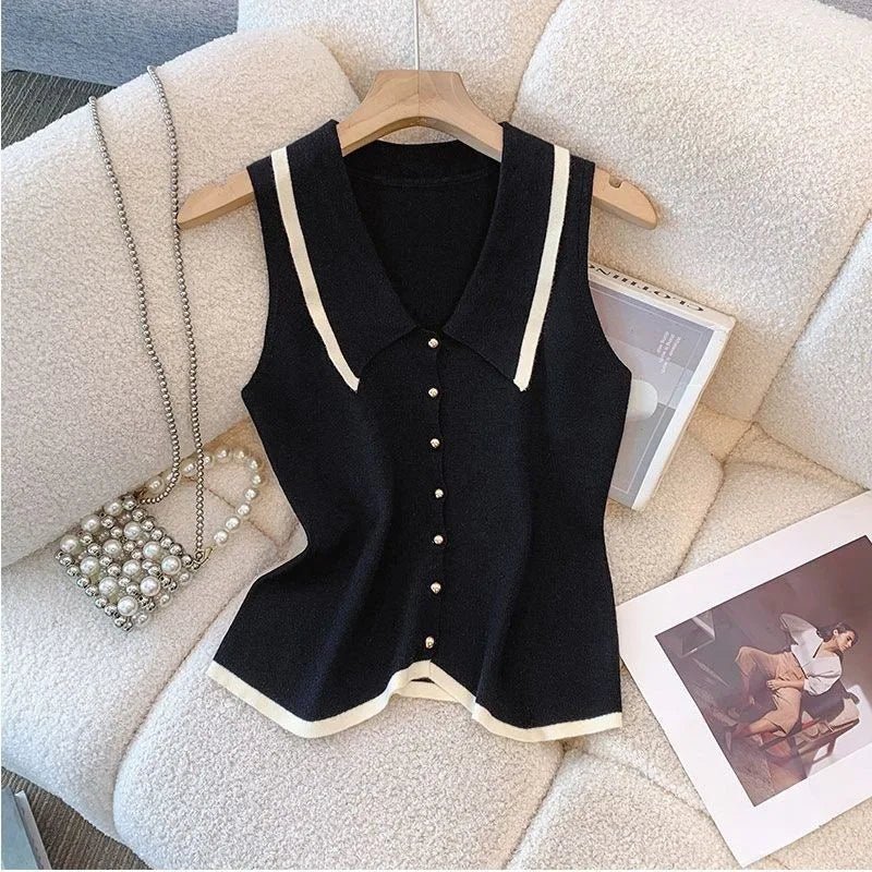 French - style Knitted Vest Sling Women's Summer High - end Sleeveless Irregular Slim - fit Short Trendy Top - Zeprah
