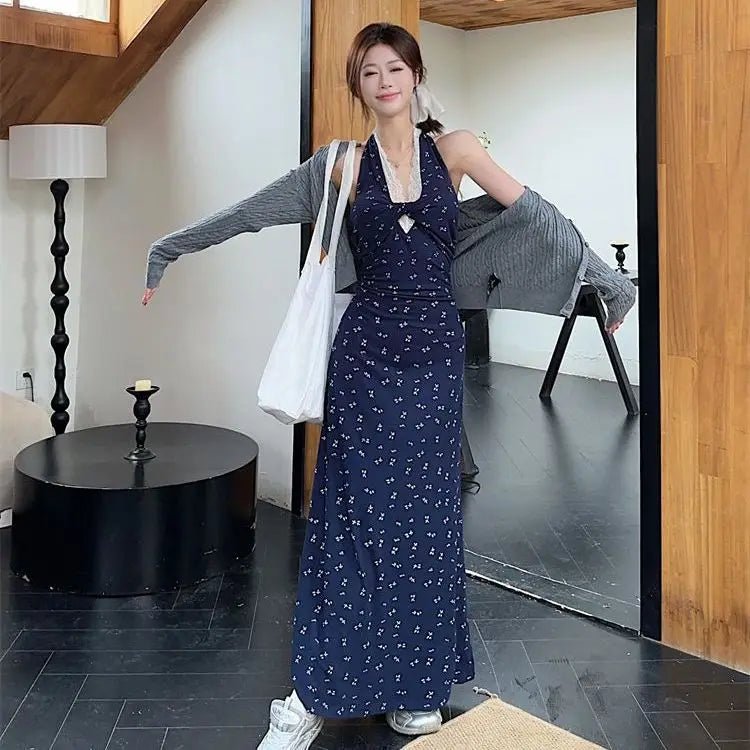 French Style Lace Neck V - Neck Floral Women's Dress Summer New Waist Design Vacation Long Dress - Zeprah