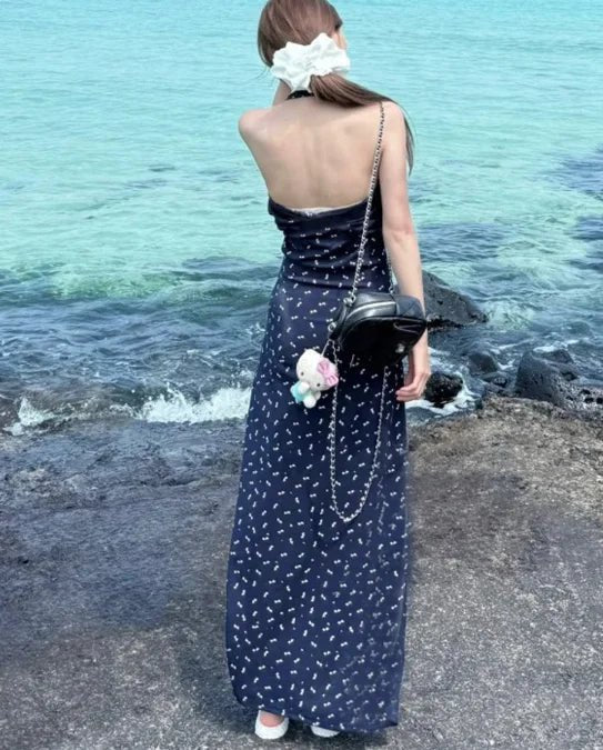 French Style Lace Neck V - Neck Floral Women's Dress Summer New Waist Design Vacation Long Dress - Zeprah