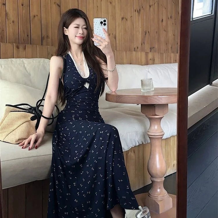 French Style Lace Neck V - Neck Floral Women's Dress Summer New Waist Design Vacation Long Dress - Zeprah