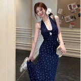 French Style Lace Neck V - Neck Floral Women's Dress Summer New Waist Design Vacation Long Dress - Zeprah