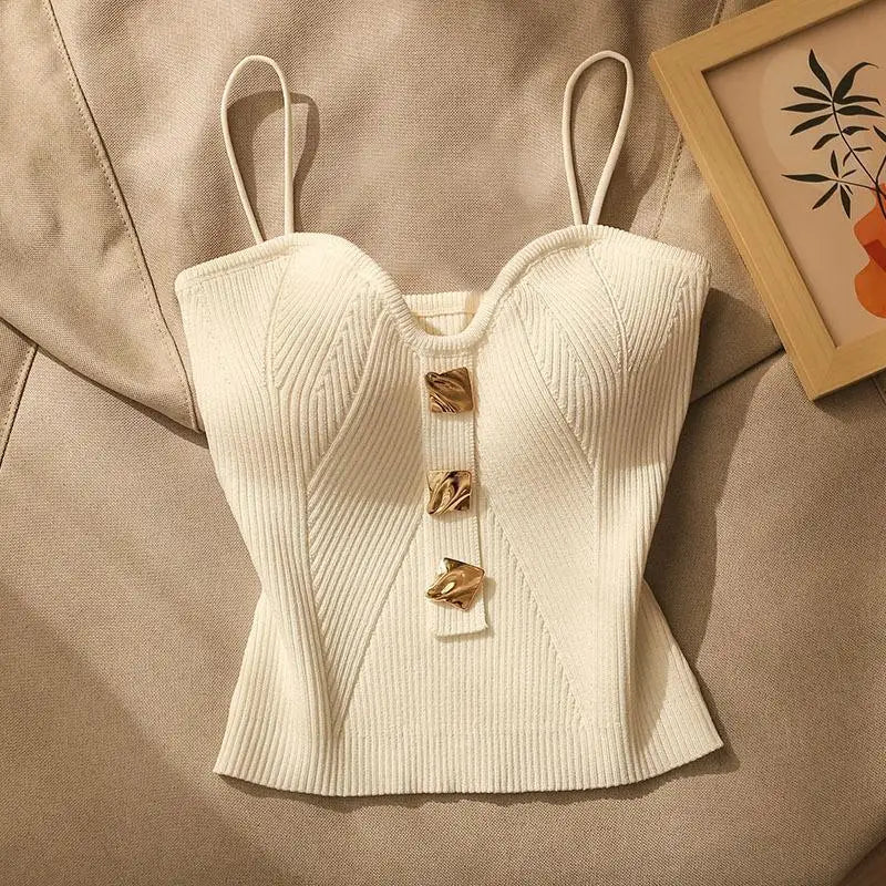 French Style Suspender Luxury Elegance Spaghetti Strap Button White Black Channel Style Sleeveless Beauty Back Short Top - Zeprah