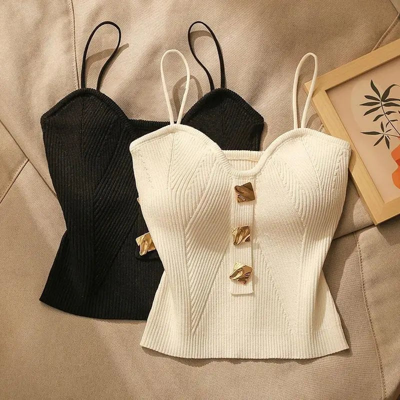 French Style Suspender Luxury Elegance Spaghetti Strap Button White Black Channel Style Sleeveless Beauty Back Short Top - Zeprah
