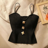 French Style Suspender Luxury Elegance Spaghetti Strap Button White Black Channel Style Sleeveless Beauty Back Short Top - Zeprah