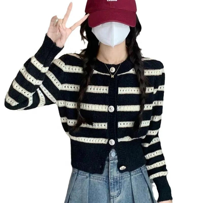 French Sweet Retro Striped Sweater Cardigan Loose Korean Style New Early Autumn Top Women's Short Sweater Coat - Zeprah