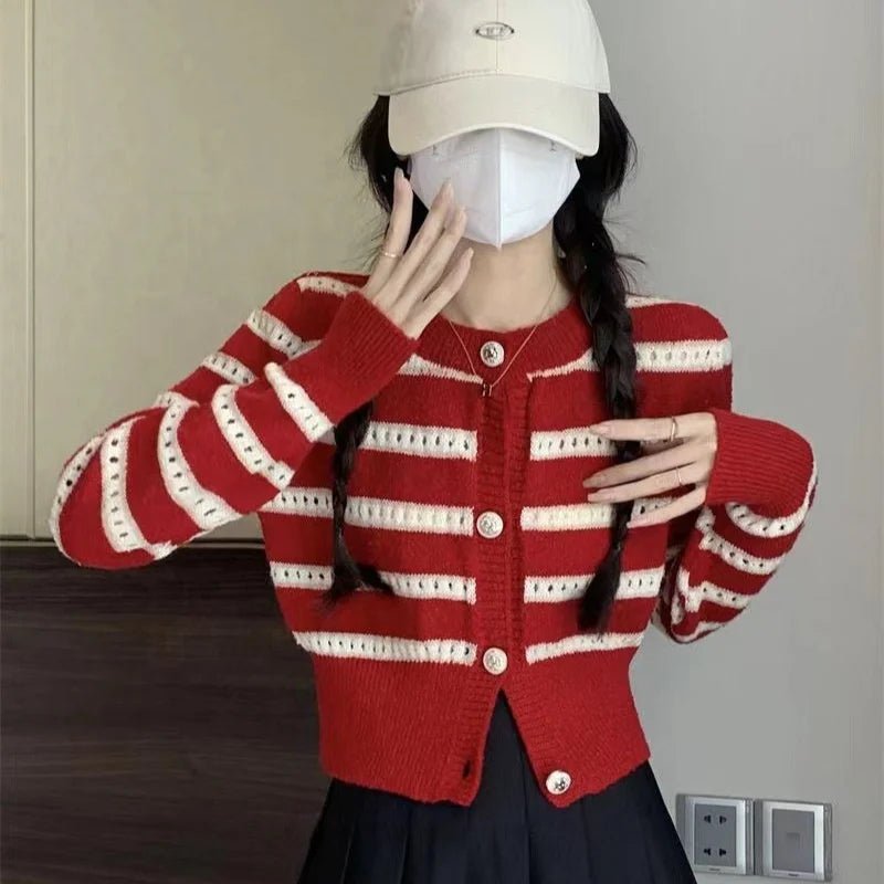 French Sweet Retro Striped Sweater Cardigan Loose Korean Style New Early Autumn Top Women's Short Sweater Coat - Zeprah