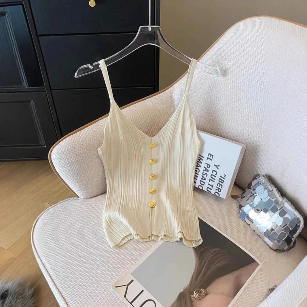 French V - neck Single - breasted Knitted Halter Top Women's Summer Sleeveless Comfortable tank - Zeprah