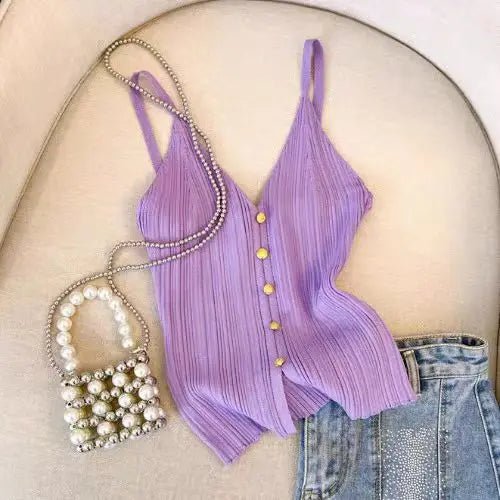 French V - neck Single - breasted Knitted Halter Top Women's Summer Sleeveless Comfortable tank - Zeprah