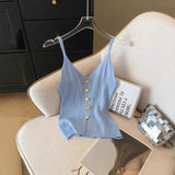 French V - neck Single - breasted Knitted Halter Top Women's Summer Sleeveless Comfortable tank - Zeprah