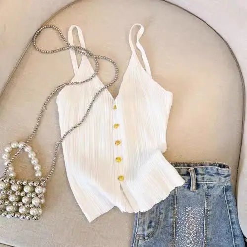 French V - neck Single - breasted Knitted Halter Top Women's Summer Sleeveless Comfortable tank - Zeprah