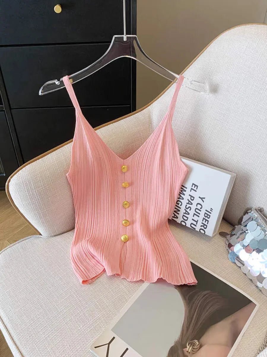 French V - neck Single - breasted Knitted Halter Top Women's Summer Sleeveless Comfortable tank - Zeprah